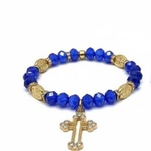 Blue Beaded Cross Bracelet - Gold Accent Women’s Jewelry